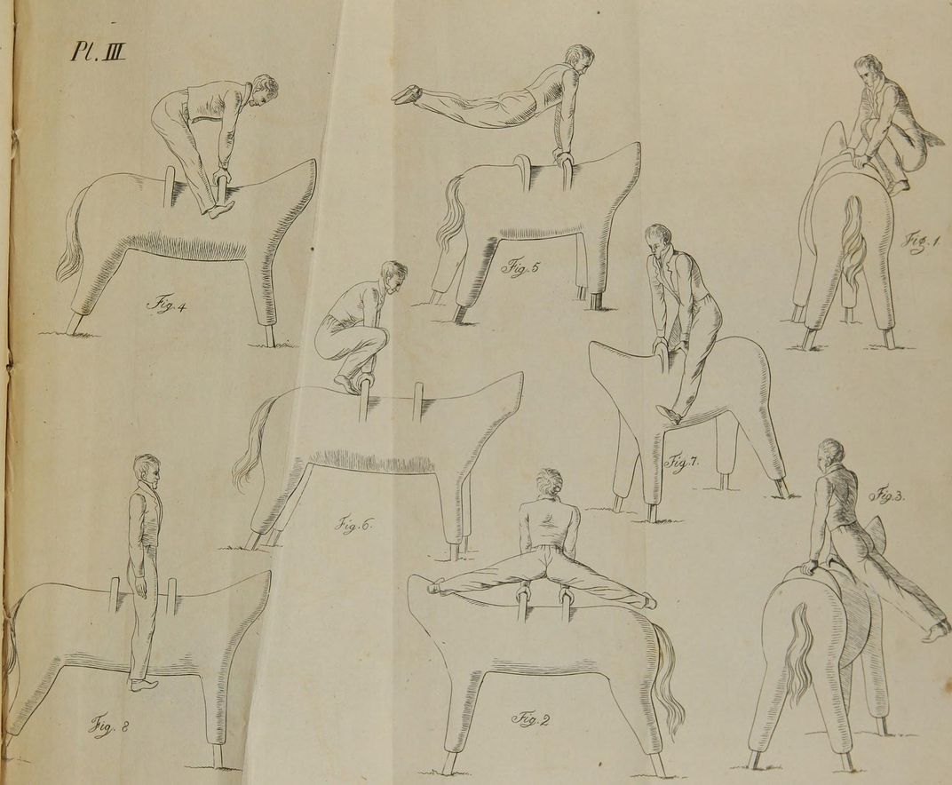 Illustrations of pommel horse exercises in an English translation of Jahn's Treatise on Gymnasticks, 1828