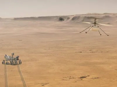 Artist’s rendition of Ingenuity flying on Mars. 