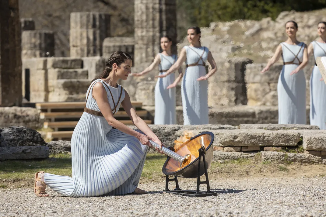 A lighting of the flame ceremony held in ancient Olympia in March 2020