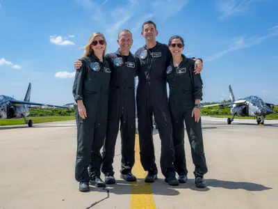 The Polaris Dawn crew at the Kennedy Space Center, from left to right:&nbsp;Anna Menon,&nbsp;Scott Poteet, Jared Isaacman and&nbsp;Sarah Gillis.