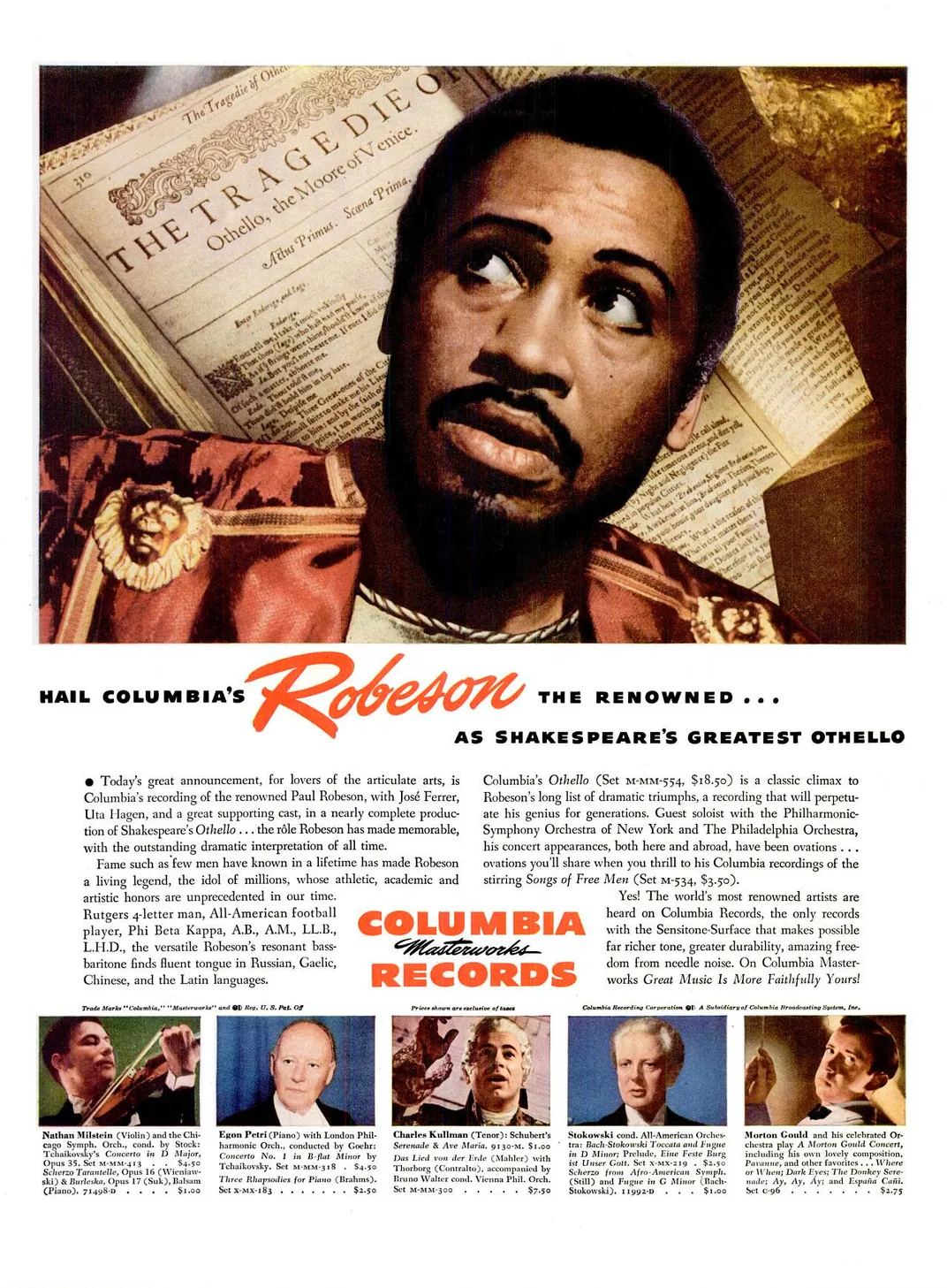 Advertisement for the Columbia Masterworks Records release of Othello​​​​​​​, starring Robeson