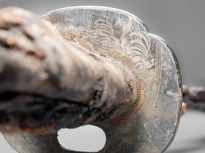 The sword&#39;s guard is decorated with&nbsp;chrysanthemum and waterline motifs.