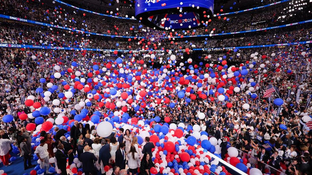 Balloons fall at the conclusion of the DNC convention