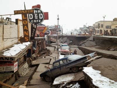 The earthquake on March 27, 1964, dropped Anchorage&rsquo;s Fourth Avenue and some cars on it roughly 20 feet below normal.