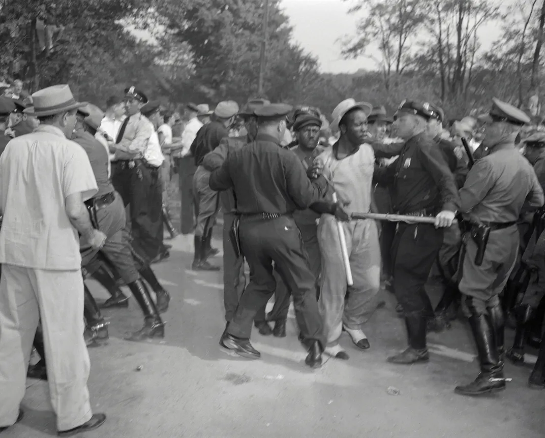 Police corral protesters at the Peekskill riots