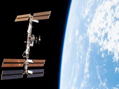 The International Space Station, as seen from the Space Shuttle Discovery in 2007.