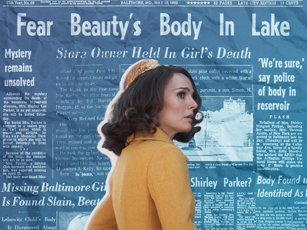 An illustration of Natalie Portman in front of newspaper headlines about the deaths of Esther Lebowitz and Shirley Parker