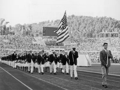 Members of the U.S. team participate in the opening ceremony at the 1960 Olympic Games in Rome.