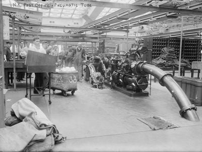 A pneumatic mail tube at the main Post Office Department branch in New York City, circa 1914 or 1915