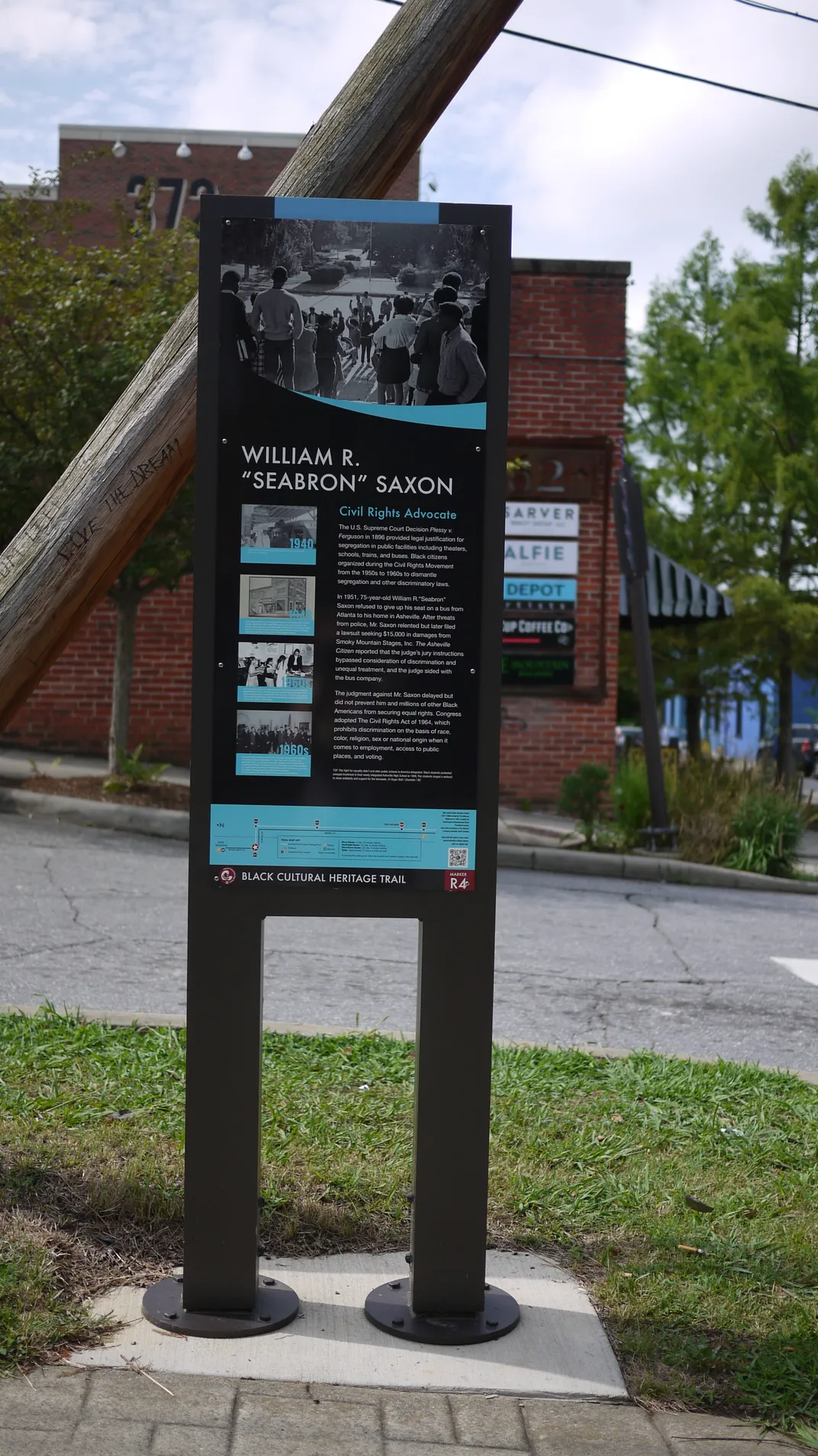 A marker honoring Saxon on Asheville's Black Cultural Heritage Trail