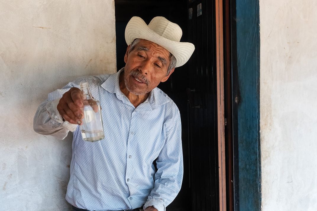 Teófilo Pacheco Delgado, sampling a mezcal made from an unclassified agave species