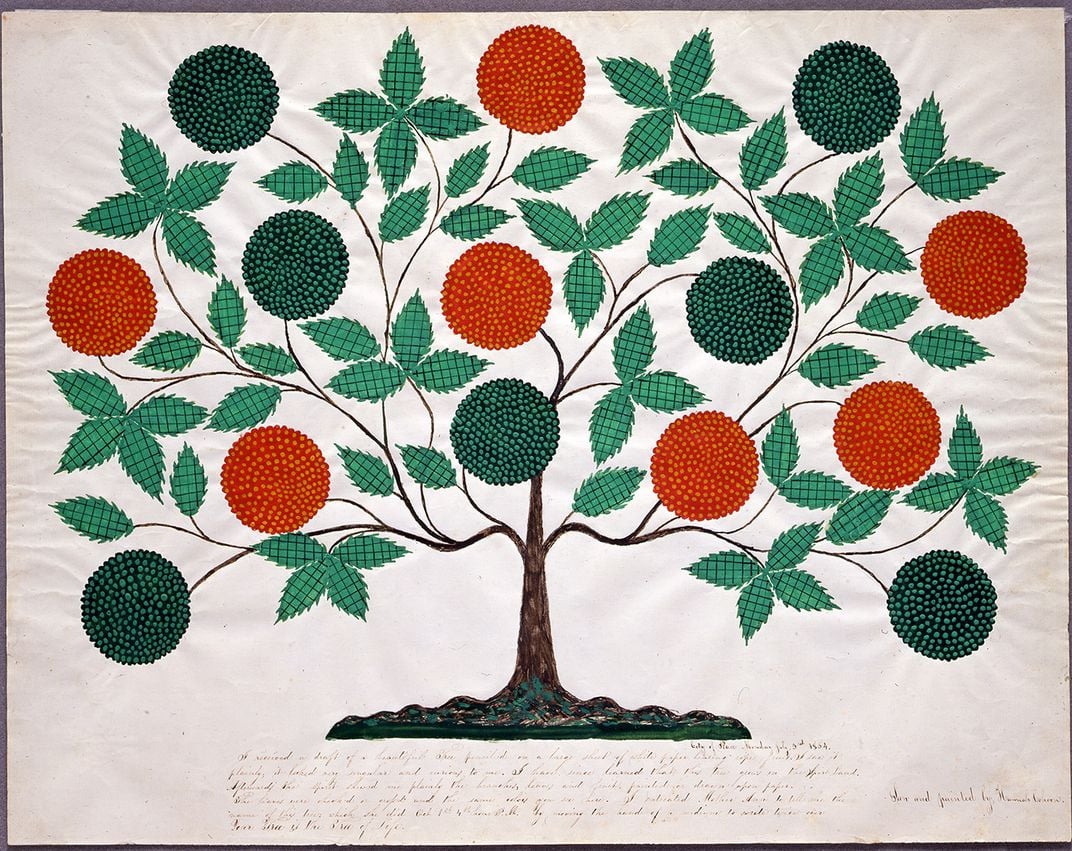 an ink and watercolor painting of a fruit tree on paper