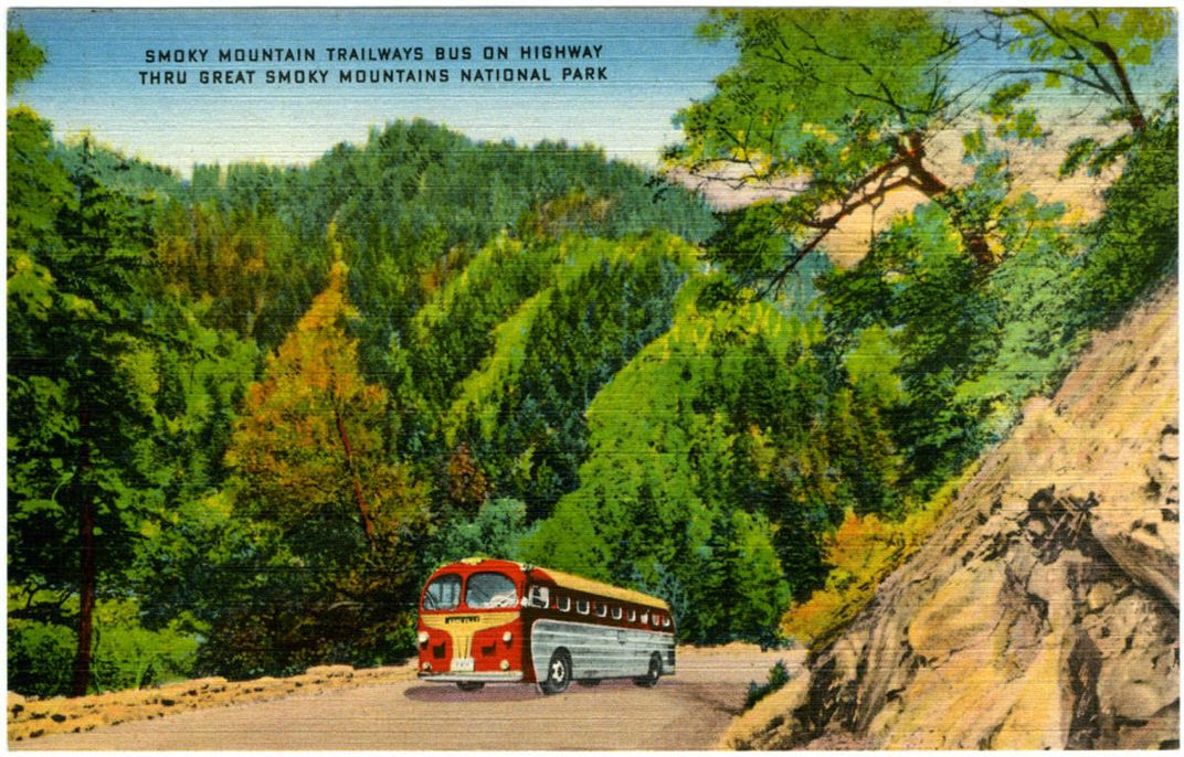 Postcard of a Smoky Mountain Trailways bus driving through Great Smoky Mountains National Park