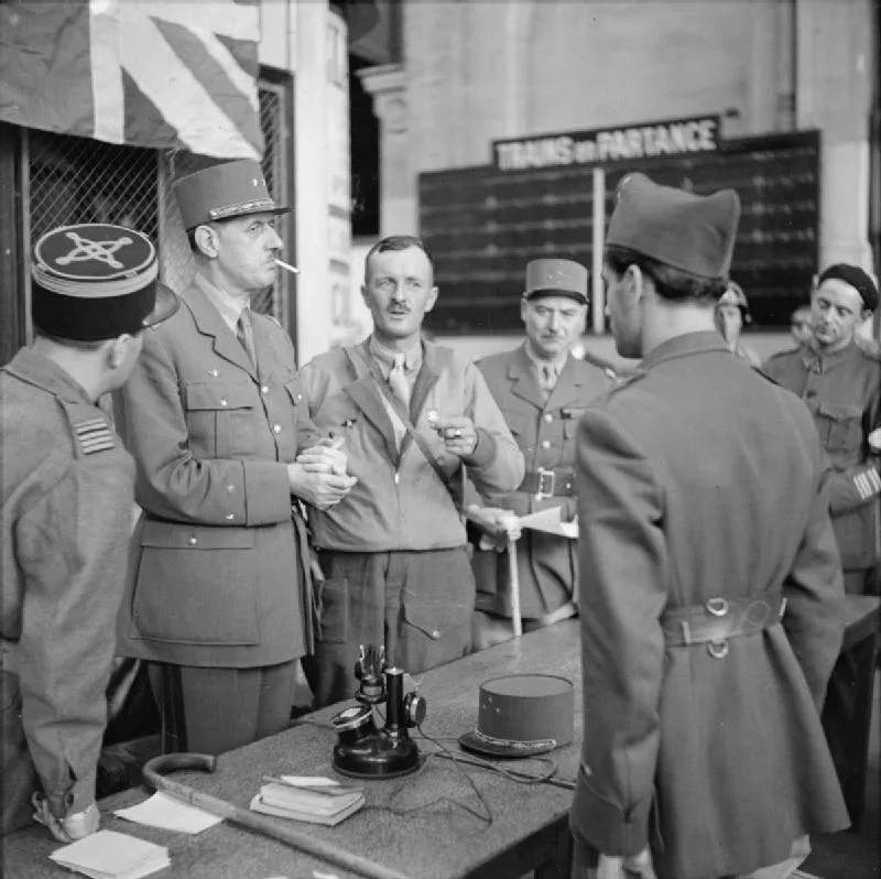 General Charles de Gaulle and other French officers at Montparnasse railway station on August 25, 1944