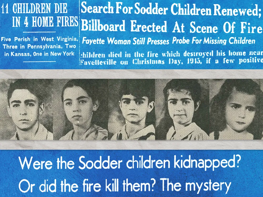 An illustration of the five Sodder children, in front of newspaper headlines about the case